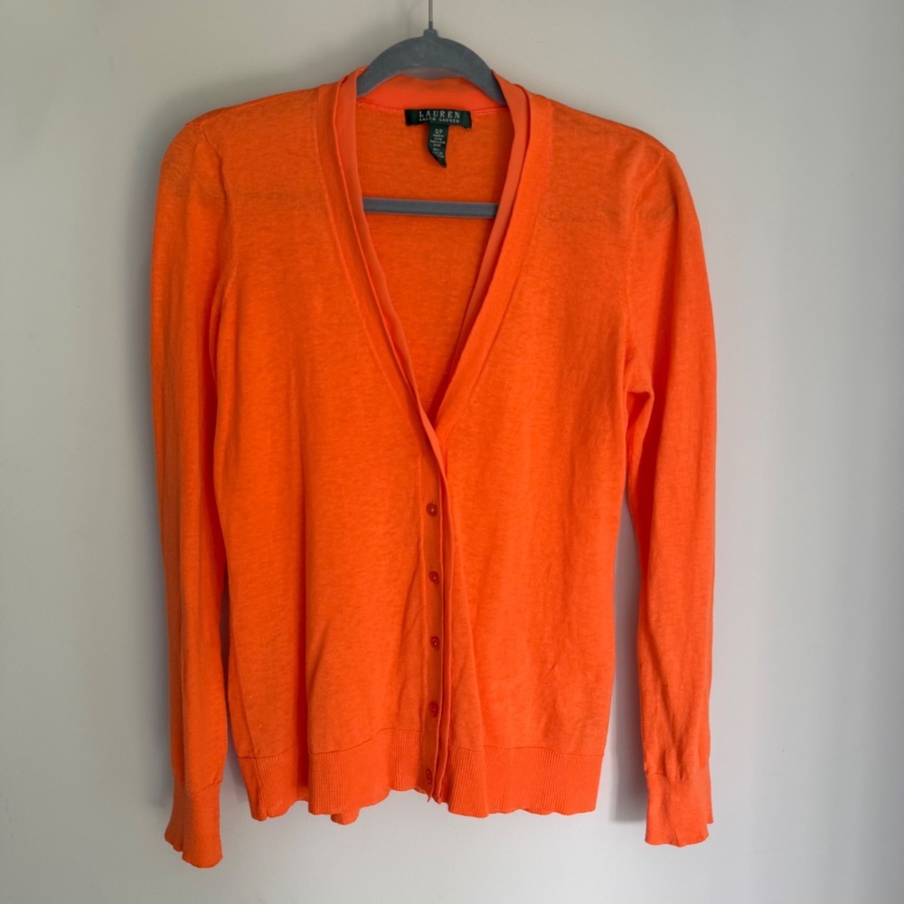 Lauren Ralph Lauren Cardigan Sweater Linen Cotton Blend V-Neck Orange Size Small